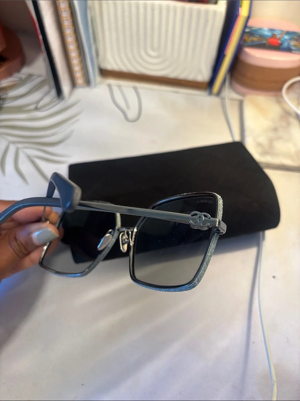 AUTHENTIC CHANEL Metal Oversized Square Sunglasses with Gray-Blue Lenses